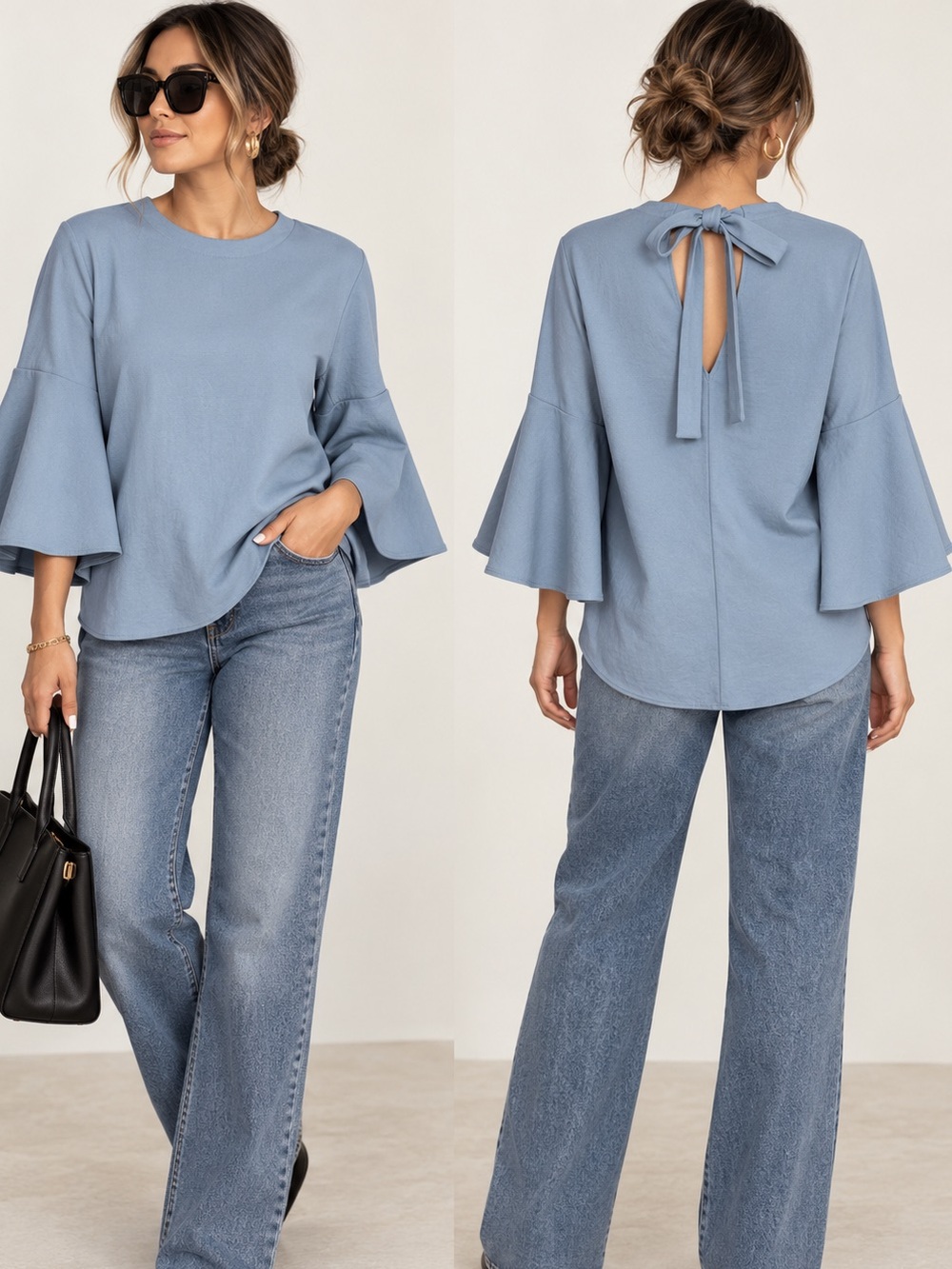 Tibi Blue Bell Sleeve Open Back Tie Bow Blouse Top Size S